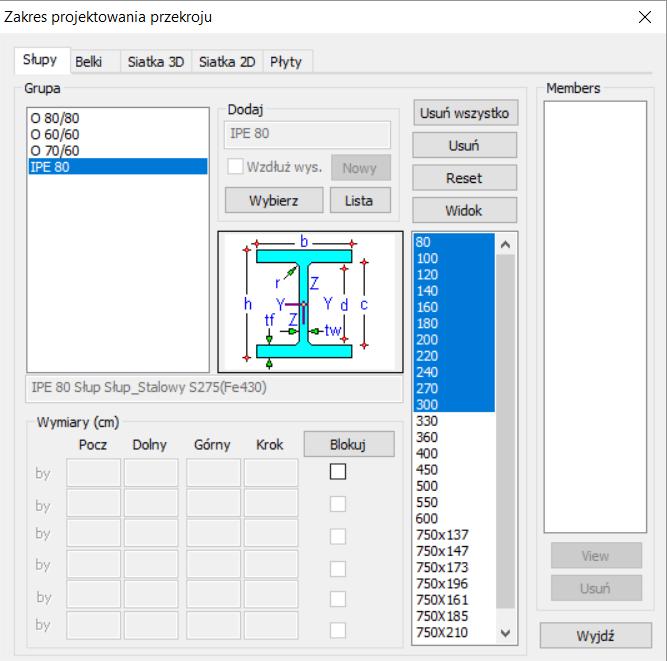 Poprzez wybór przekroju pojawia się ona na liście: kształt przekroju poprzecznego o odpowiednich wymiarach, a także lista przekrojów danego profilu.