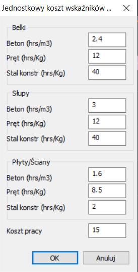 1.2.3 Jednostkowy koszt robocizny Używając poniższego polecenia możliwe jest zdefiniowanie: Szybkość produkcji danego materiału konstrukcyjnego.