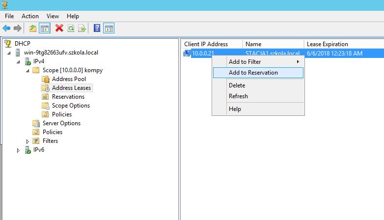 Rezerwacja adresu (opcja kiedy klient pobrał już konfigurację IP z puli): Adresy