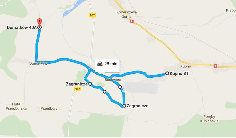Kurs II Zespół Szkół w Kupnie - Brzezówka (raz rano) - Domatków skrzyżowanie na górce - Bukowiec- Zespół Szkół w Kupnie.