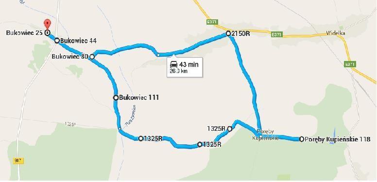 Kurs III Zespół Szkół w Kupnie - Poręby Kupieńskie - SP Bukowiec- Zespół Szkół w Kupnie. Długość kursu 52 (26 km rano i 26 km po południu).