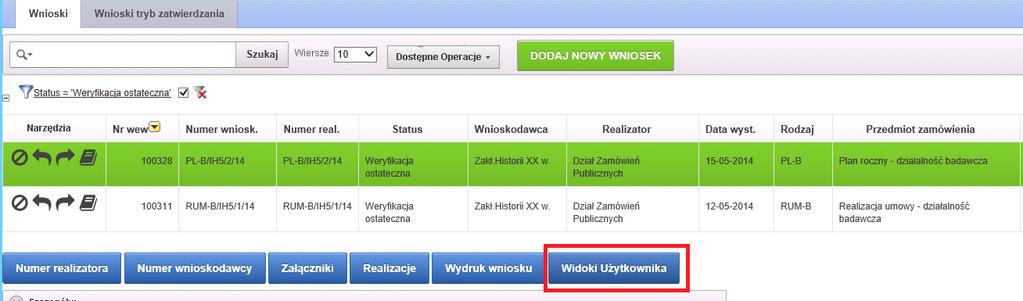 W oknie wyboru nazwy widoku wybieramy opcję Wykorzystanie budżetów poprzez wybór ikony.