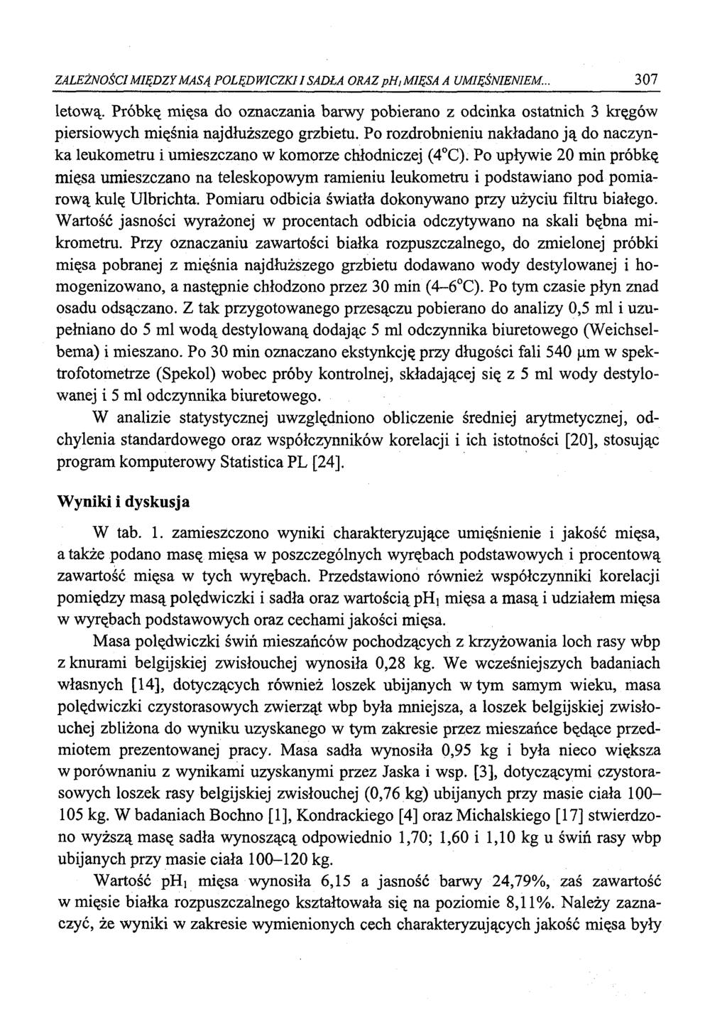 ZALEŻNOŚCI MIĘDZY MASĄ POLĘDWICZKII SADŁA ORAZ ph, MIĘSA A UMIĘŚNIENIEM.. 307 letową. Próbką mięsa do oznaczania barwy pobierano z odcinka ostatnich 3 kręgów piersiowych mięśnia najdłuższego grzbietu.
