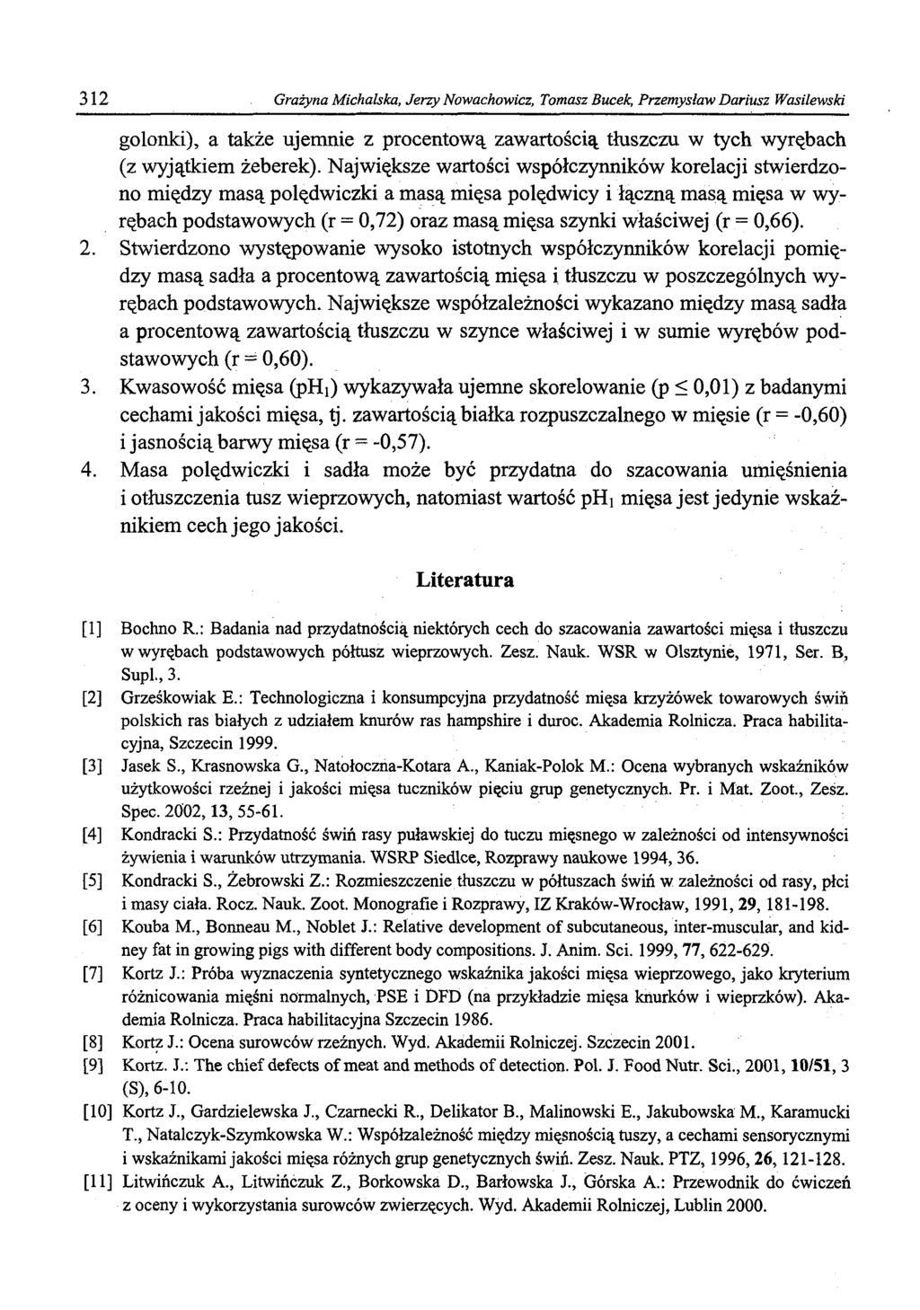 312 Grażyna Michalska, Jerzy Nowachowicz, Tomasz Bucek, Przemysław Dariusz Wasilewski golonki), a także ujemnie z procentową zawartością tłuszczu w tych wyrębach (z wyjątkiem żeberek).