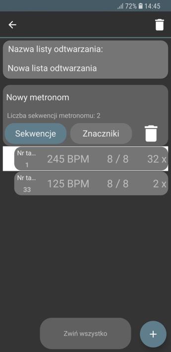 Takt w którym znacznik ma zostać odczytany Aby usunąć sekwencję lub znacznik należy go dłużej przytrzymać i kliknąć na ikonę, która pojawi się na pasku na górze ekranu.