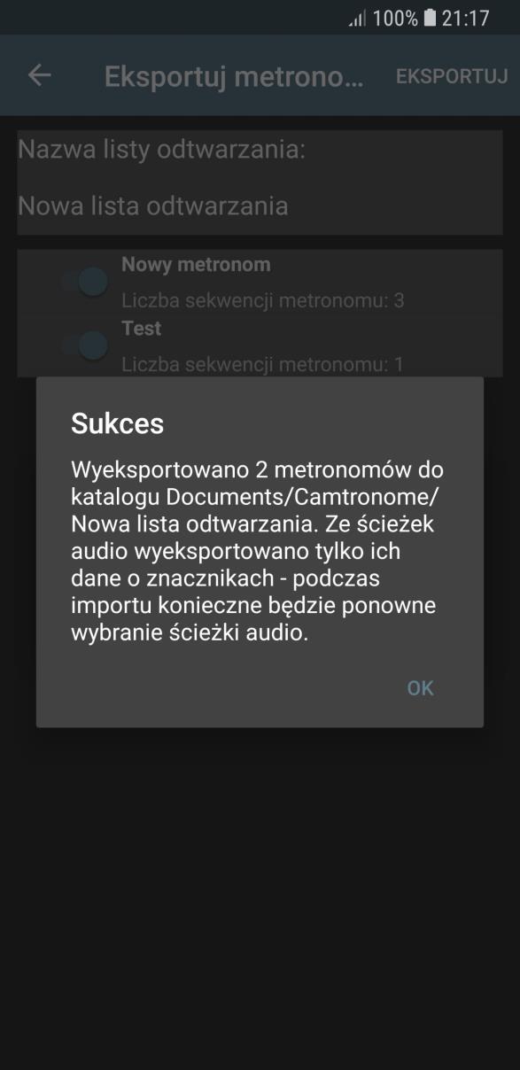 Eksport listy odtwarzania Przełączniki za pomocą których można wybrać, które metronomy z listy