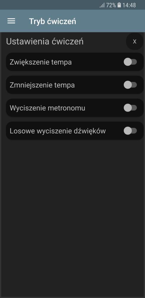 Tryb ćwiczeń Uruchomienie poprzez wybór,,tryb ćwiczeń w panelu opcji (str. 6).