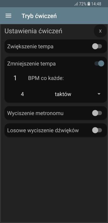 Tryb ćwiczeń Włącznik opcji zmiany tempa Wartość BPM o którą tempo ma się zmieniać co określony interwał Długość