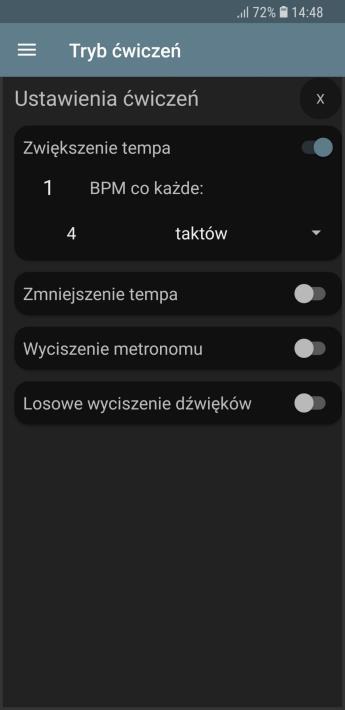 takty. Wyciszanie metronomu: możliwe jest cykliczne lub losowe wyciszenie metronomu.