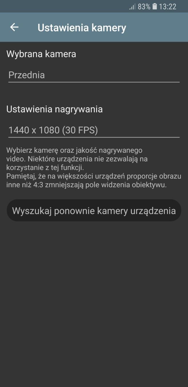 Ustawienia kamery Wybór kamery: Pozwala zmanię kamery na przednią lub tylną.
