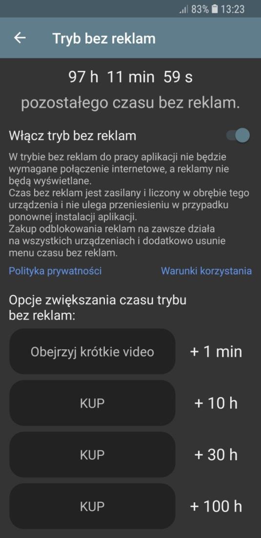 Ustawienia trybu bez reklam Aplikacja może pracować w dwóch trybach: Tryb online bez ograniczeń czasowych, wymaga ciągłego połączenia z Internetem i w tym trybie wyświetlane są reklamy.