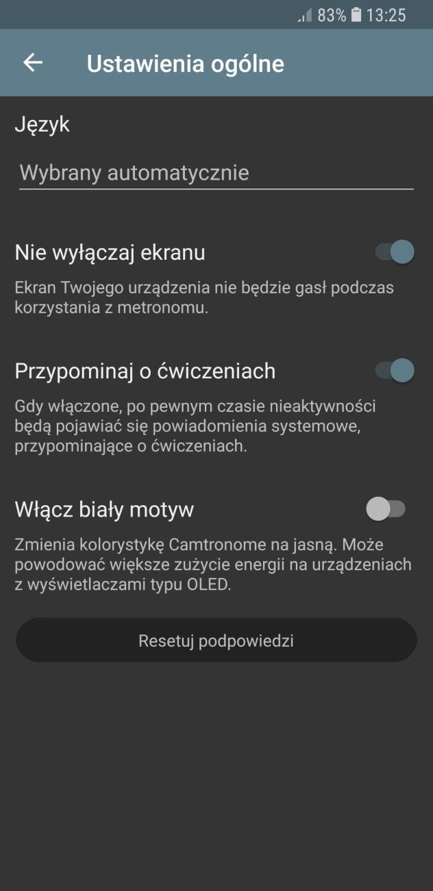 Ustawienia ogólne i motywu Wybór języka: Domyślny język aplikacji jest wybierany na podstawie ustawień systemowych. Możliwa jest ręczna zmiana języka.