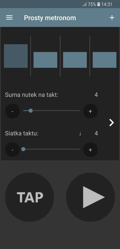 Ustawienia metrum Siatka metronomu Suma nutek na takt wartość ta określa ilość nut w jednym takcie Siatka taktu wartość rytmiczna nutek w takcie Chowanie okna ustawień metrum.