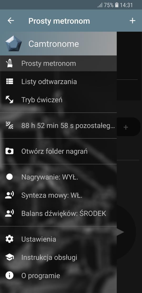 Panel szybkich akcji (str. 19). Menu główne Prosty metronom wybór tej opcji otwiera tryb prostego metronomu (str. 3).