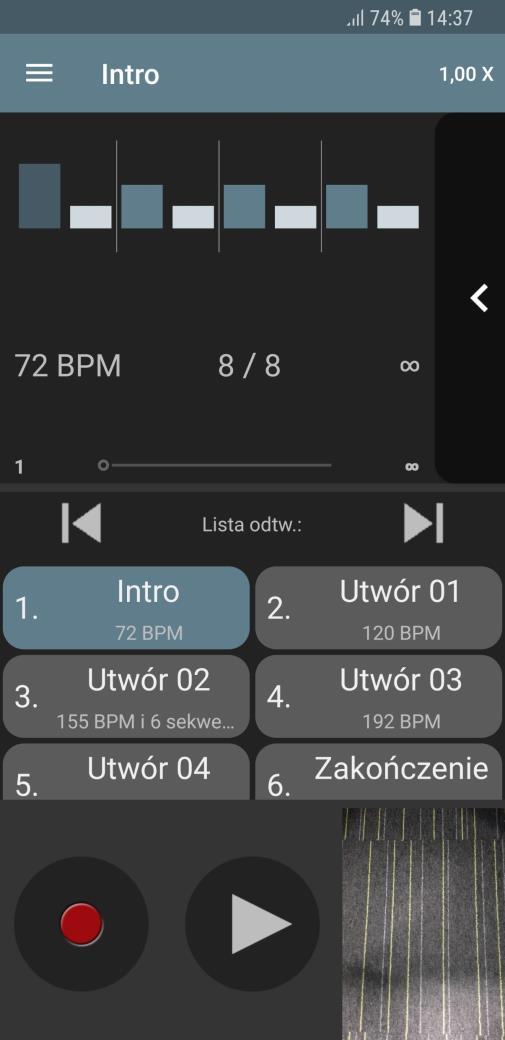 Tryb odtwarzania listy metronomów Nazwa obecnie odtwarzanego metronomu Metrum aktualnie odtwarzanej sekwencji Tempo aktualnie odtwarzanej sekwencji Poprzedni metronom Spis metronomów (i ścieżek