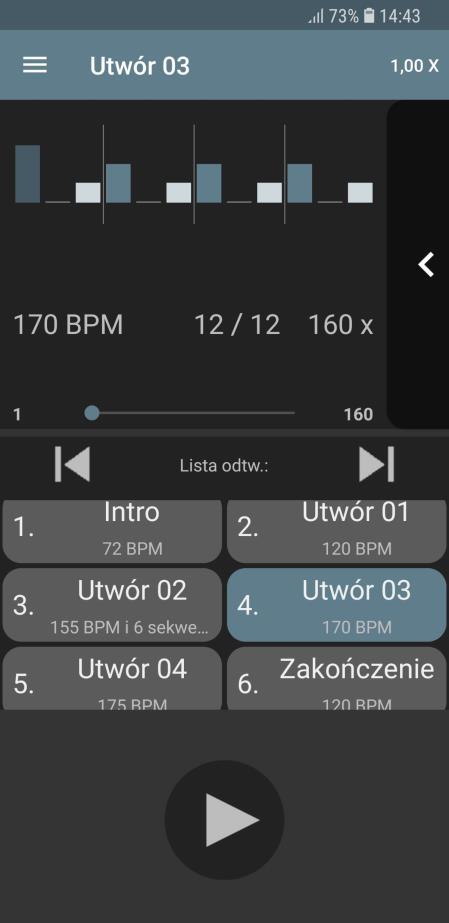 Tryb odtwarzania listy metronomów Rozwinięte okno z nazwami oraz położeniem znaczników metronomów. Zostaną one odczytane w przypadku włączonego trybu syntezatora mowy.