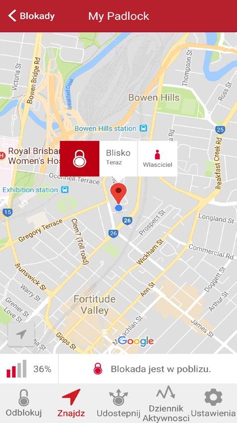Powyżej niebieskiej kropki zobaczysz przybliżony adres ostatniej znanej lokalizacji, oraz czas, w którym Twoja blokada była ostatni raz widziana przez LockSmart 5.