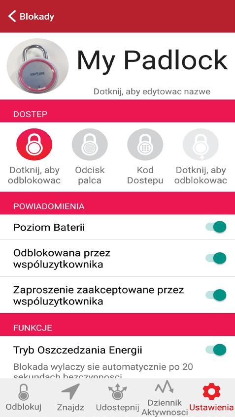 23 Dodaj zdjęcie do blokady 1. Wybierz blokadę z listy blokad na ekranie 2. Naciśnij opcję Ustawienia w dolnym menu 3. Naciśnij przycisk Dodaj zdjęcie 4.