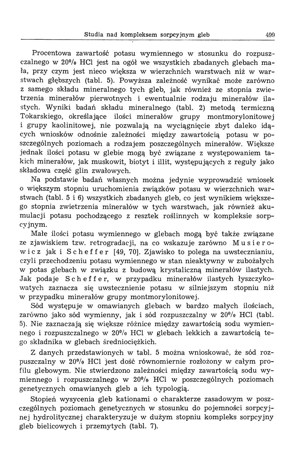 Studia nad kompleksem sorpcyjnym gleb 499 Procentow a zaw artość potasu w ym iennego w stosunku do rozpuszczalnego w 20% HC1 jest na ogół we w szystkich zbadanych glebach m a ła, przy czym jest nieco