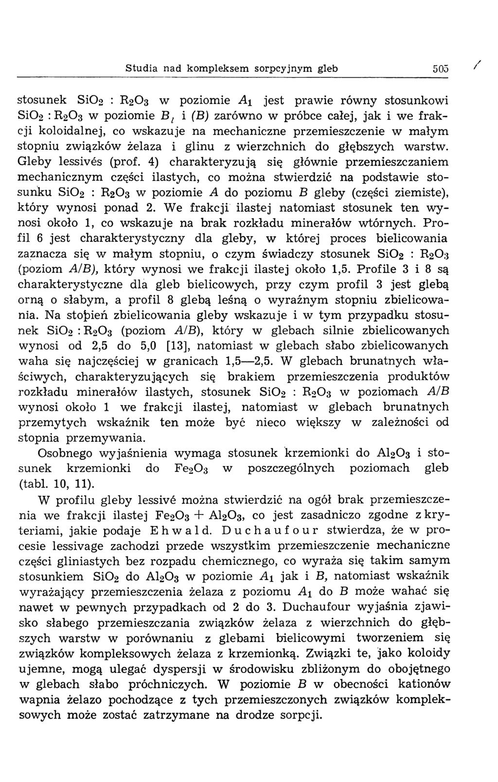 Studia nad kompleksem sorpcyjnym gleb 505 stosunek SiCb : R2O3 w poziomie A± jest prawie równy stosunkowi SiC>2 : R2O3 w poziomie B l i (B) zarówno w próbce całej, jak i we frakcji koloidalnej, co w