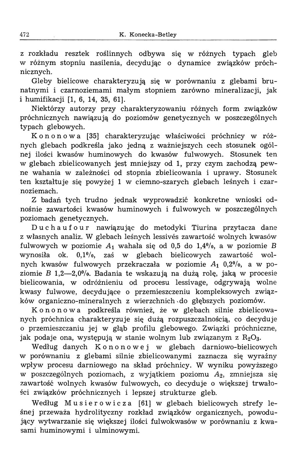 472 K. Konecka-Betley z rozkładu resztek roślinnych odbywa się w różnych typach gleb w różnym stopniu nasilenia, decydując o dynam ice związków próchnicznych.