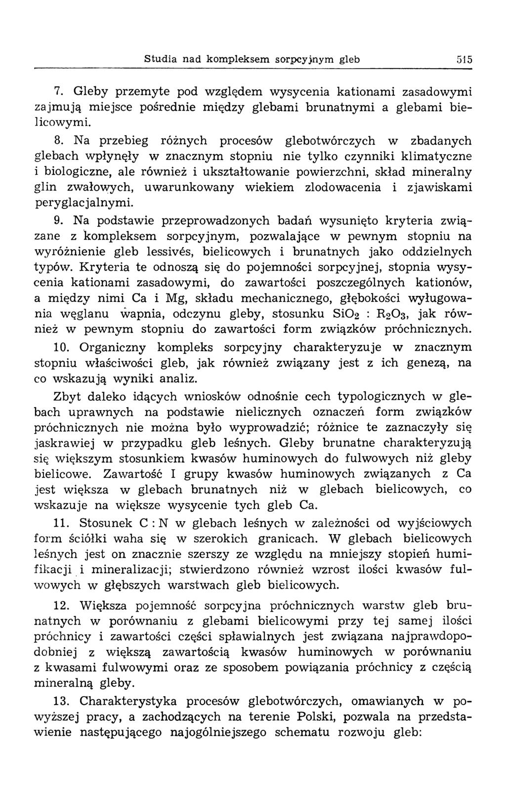 Studia nad kompleksem sorpcyjnym gleb 515 7. Gleby przem yte pod względem wysycenia kationam i zasadowymi zajm ują miejsce pośrednie między glebam i brunatnym i a glebam i bielicowym i. 8.