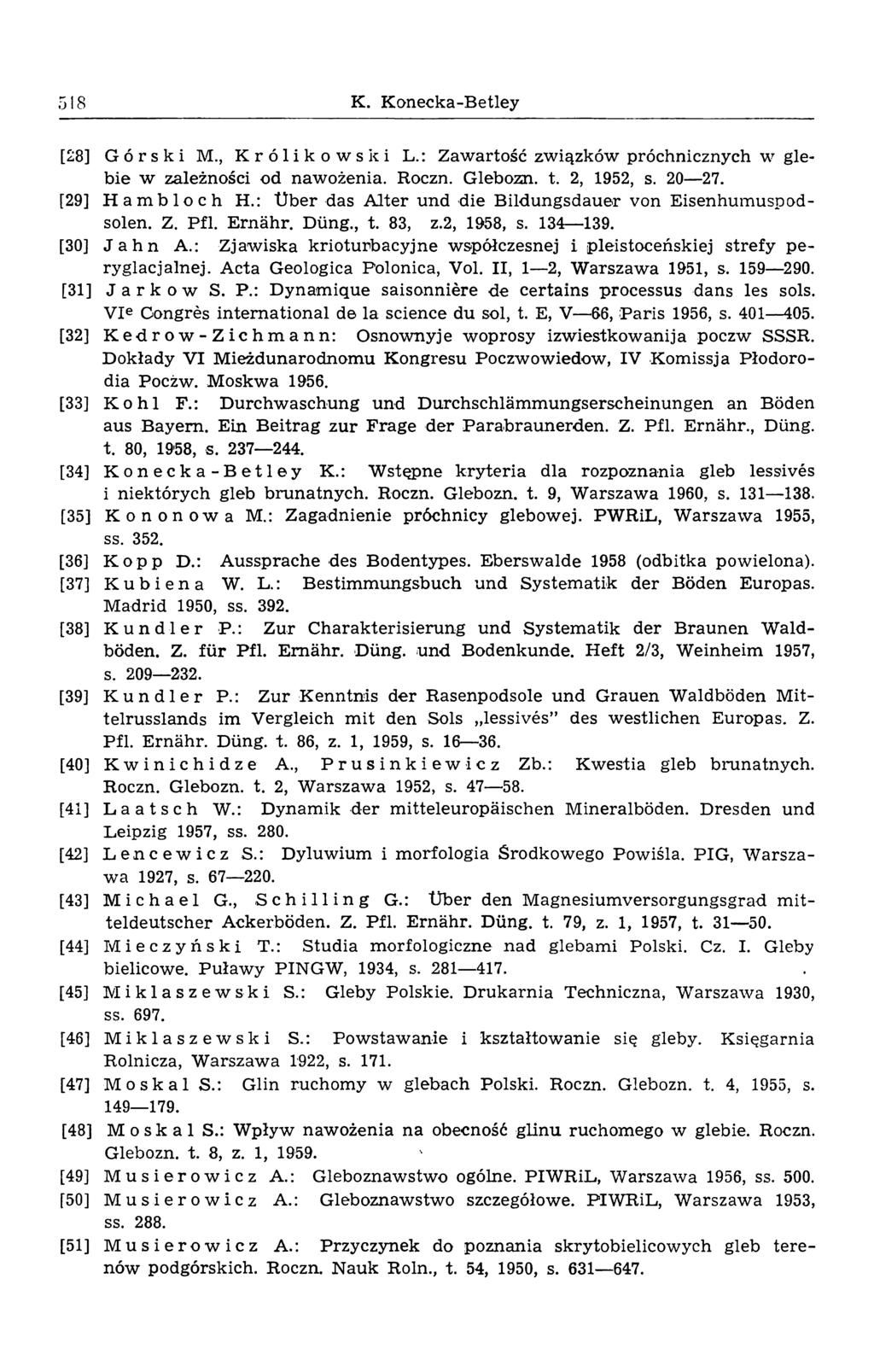 518 K. Konecka-Betley [28] Górski M., Królikowski L.: Zawartość związków próchnicznych w glebie w zależności od nawożenia. Roczn. Glebozn. t. 2, 1952, s. 20 27. [29] Hambloch H.