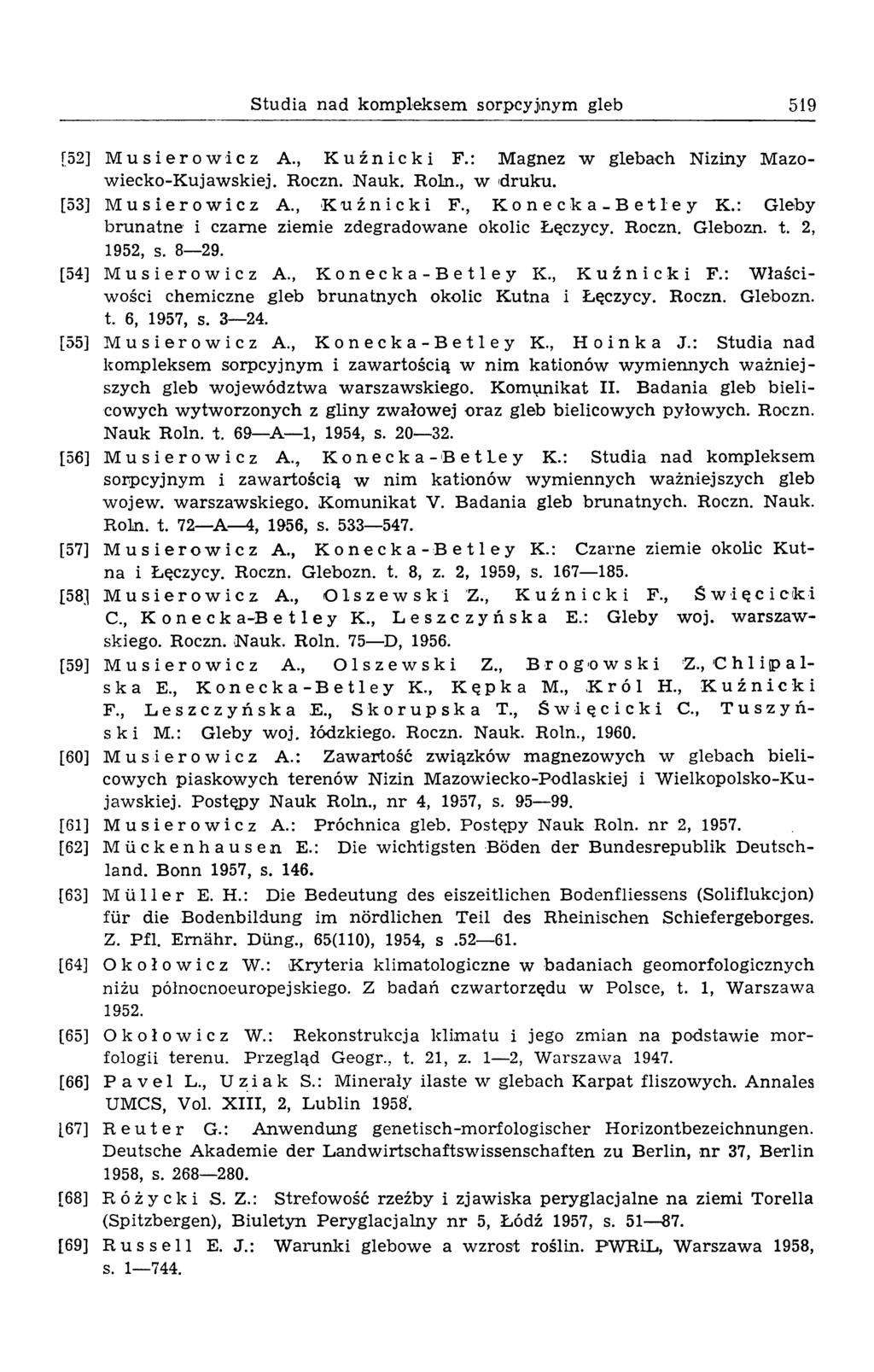 Studia nad kompleksem sorpcyjnym gleb 519 [52] Musierowicz A., Kuźnicki F.: Magnez w glebach Niziny Mazowiecko-Kujawskiej. Roczn. Nauk. Roln., w druku. [53] Musierowicz A., Kuźnicki F., Konecka-Betley K.