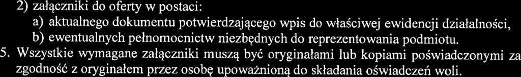 5 2) załączniki do oferty w postaci: a) aktualnego dokumentu potwierdzającego wpis do właściwej ewidencji działalności, b) ewentualnych pełnomocnictw niezbędnych do reprezentowania podmiotu.