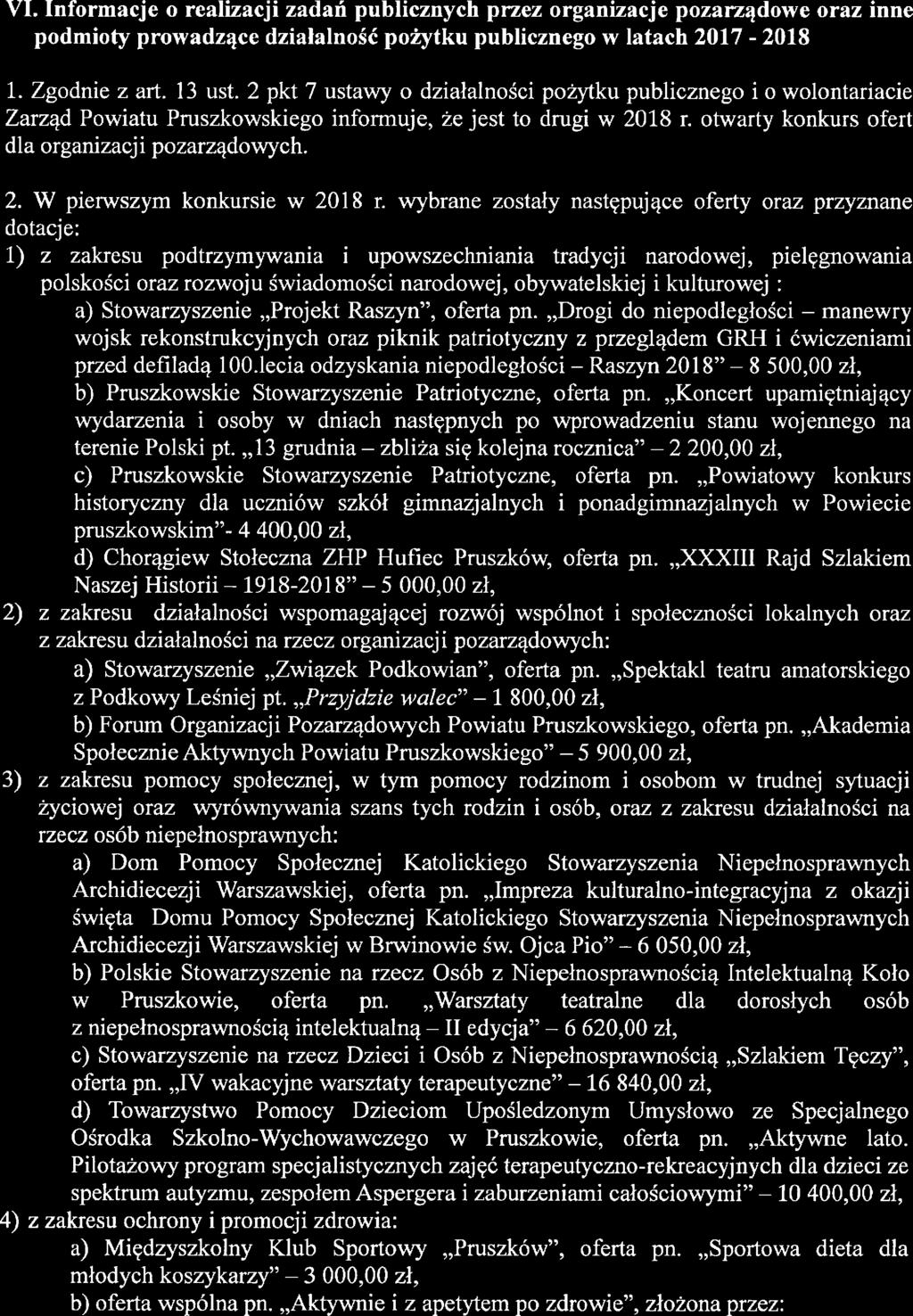 VI. Informacje o realizacji zadań publicznych przez organizacje pozarządowe oraz inne podmioty prmvadzące działalność pozytku publicznego w latach 2017-2018 1. Zgodnie z art. 13 ust.