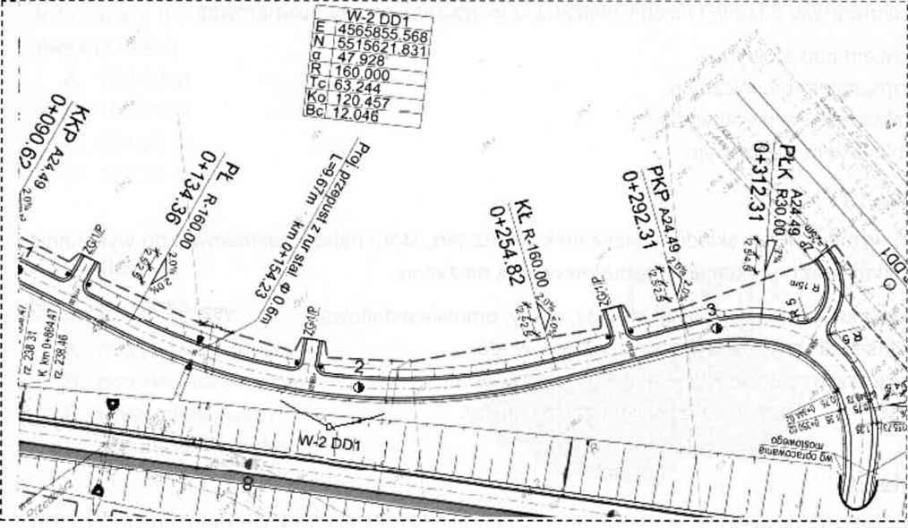 Zadanie 6. Długość łuku kołowego w wierzchołku W 2, na przedstawionym planie sytuacyjnym, wynosi A. 160,000 m B. 120,457 m C. 63,244 m D. 12,046 m Zadanie 7.