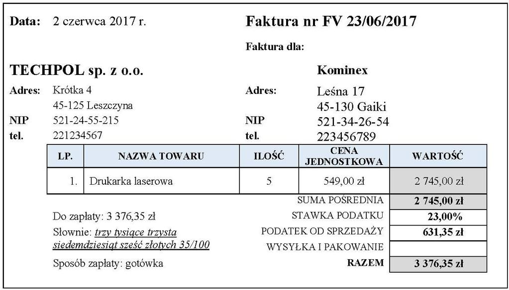 Zadanie 32. Jaki błąd zawiera zamieszczona faktura? Zadanie 33. Niepoprawny NIP odbiorcy. Źle naliczony podatek VAT. Nieprawidłowy numer faktury. Błędnie wyliczona wartość brutto.