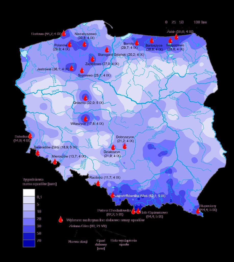 3. Rozkład tygodniowej sumy opadów oraz wybrane maksymalne