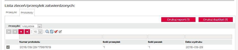 3. Przesyłki Zakładka Protokoły Aby wydrukować duplikat protokołu należy w zakładce Protokoły zaznaczyć wybraną pozycję na liście i kliknąć na przycisk #Drukuj duplikat.