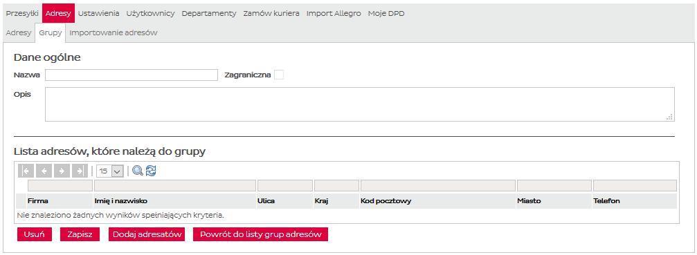 4. Adresy Aby wykluczyć dodany adres z grupy należy odznaczyć checkbox przy grupie, do której adres nie powinien należeć. Jeden adres może należeć do kilku grup odbiorców.