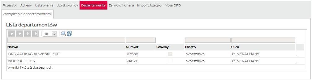 6. Departamenty Zakładka Departamenty zawiera listę wszystkich istniejących numerów Płatników (numkatów) utworzonych dla konkretnego nabywcy w innym systemie DPD.