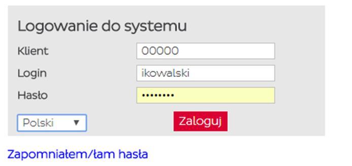 Logowanie do aplikacji Użytkownik, aby zalogować się do aplikacji wprowadza do okna logowania identyfikator klienta (zawsze jest to główny numer płatnika) oraz login i hasło podane przez