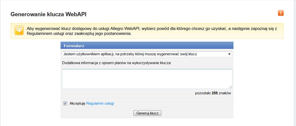 10. Klucz API Allegro Jeśli klient podczas importu aukcji z allegro dostaje komunikat: Komunikat API Allegro: Niepoprawna wartość klucza WebAPI lub klucz został zablokowany.