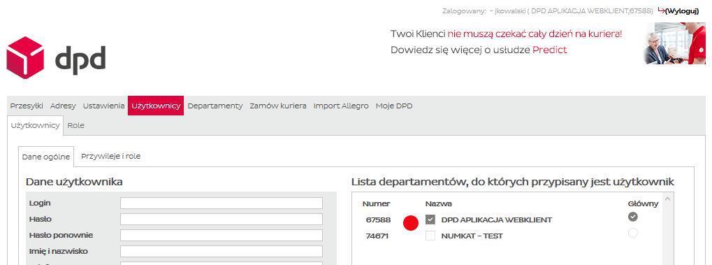 2. Użytkownicy Administrator uzupełniając zakładkę Dane ogólne definiuje dane wymagane, takie jak: login, hasło oraz Imię i Nazwisko Użytkownika.