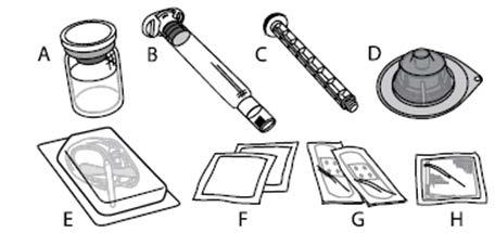 Opakowanie ALPROLIX zawiera: A) 1 fiolka z proszkiem B) 5 ml rozpuszczalnika w ampułko-strzykawce C) 1 trzon tłoka D) 1 łącznik fiolki E) 1 zestaw do infuzji F) 2 gaziki nasączone alkoholem G) 2