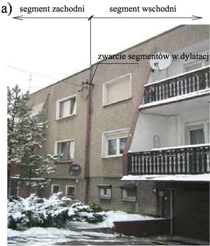 Diagnostyka w ocenie bezpieczeństwa konstrukcji 377 Na rysunku 4a przedstawiono widok budynku przed przemieszczeniem segmentu wschodniego a na rysunku 4b widok budynku po przemieszczeniu tego