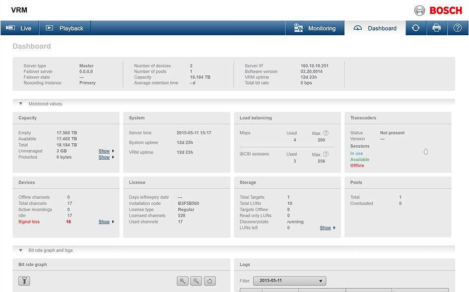 2 Video Recording Manager Oprogramowanie Video Recording Manager oferje zapis, monitorowanie oraz zarządzanie pamięcią iscsi, nadajnikami wizyjnymi i kamerami firmy Bosch w obrębie całego system.