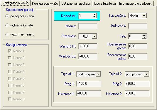 [Zapisz do pliku] - zapamiętanie ustawień widocznych w zakładce Konfiguracja wejść, a następnie zapis ustawionej konfiguracji do pliku na dysku komputera; [Eksportuj] - zapamiętanie ustawień