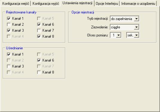 3.3. ZAKŁADKA USTAWIENIA REJESTRACJI Zakładka ta zawiera dwie sekcje: Rejestrowane kanały - w sekcji tej należy zaznaczyć pola odpowiadające aktywnym kanałom urządzenia, które mają być rejestrowane.