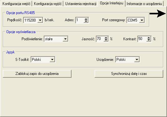 3.4. ZAKŁADKA OPCJE INTERFEJSU Zakładka ta zawiera trzy sekcje: Opcje portu RS485 - w sekcji tej należy określić adres konfigurowanego urządzenia, prędkość transmisji dla interfejsu szeregowego oraz