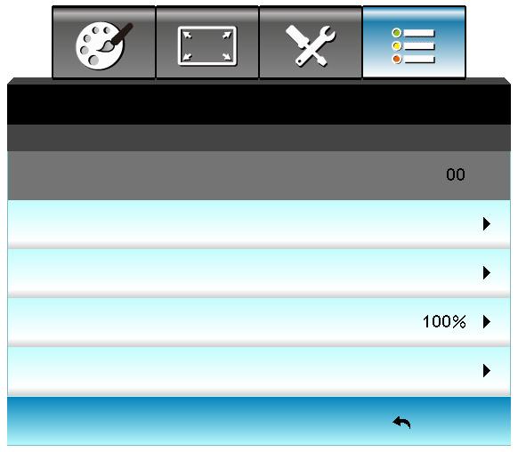 KORZYSTANIE Z PROJEKTORA Menu Opcje - Ustawienia lampy Licznik lampy OPCJE Ustawienia lampy Info. o lampie Tryb lampy Power Power Kasuj licznik lampy Licznik lampy Wyświetla czas projekcji. Info. o lampie Funkcję tą należy wybrać w celu wyświetlania lub ukrycia komunikatu o potrzebie zmiany lampy.
