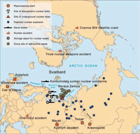 Testy broni jądrowej (1945-80) w tym na Nowej Ziemi (podziemne wybuchy 1963-89) Katastrofa satelity SNAP-9A (1964) B52 - Thule, Grenlandia (1968) Awaria w