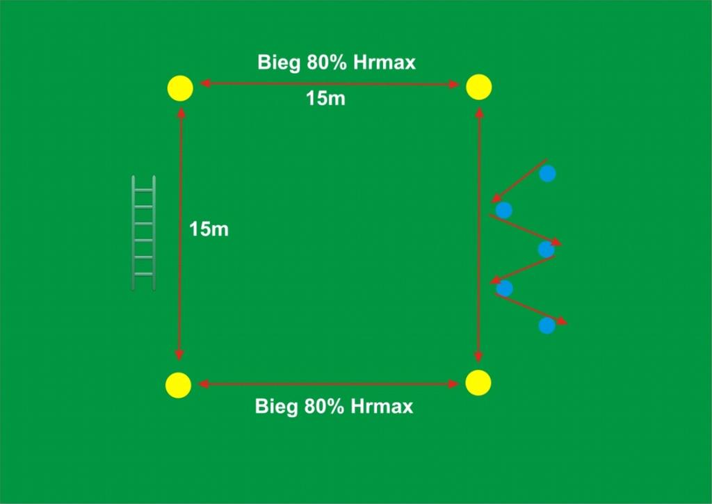 Ćwiczenie nr 2: Bieg plus drabinka koordynacyjna i krok dostawny między grzybkami. Ćwiczenie składa się z 4 powtórzeń podczas których wykonujemy 5 minutową pracę w sposób ciągły.