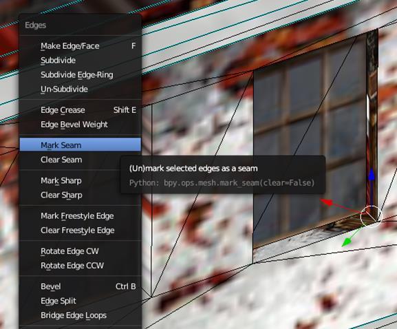 W widoku 3D zaznaczamy jedną z krawędzi dzielących pas fejsów okalających okno. Następnie aktywujemy menu Edge (Ctrl - E) i wybieramy Mark Seam.