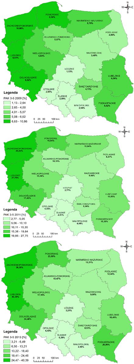 e) 2012, f) 2013; źródło: dane ARiMR z lat 2008 2013 Fig. 1.